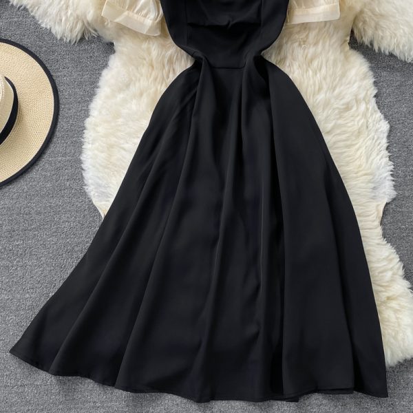Summer New French Retro Color Matching Square Collar Dress Puff Sleeve Waist Slimming Graceful Long Expansion Skirt - Image 4