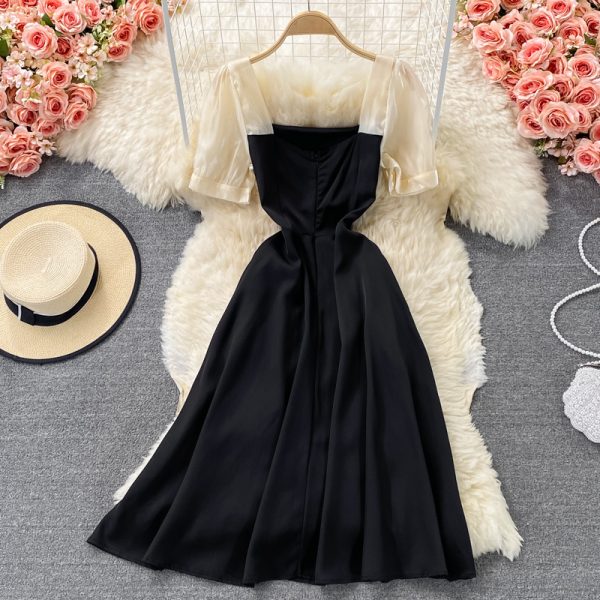 Summer New French Retro Color Matching Square Collar Dress Puff Sleeve Waist Slimming Graceful Long Expansion Skirt - Image 5