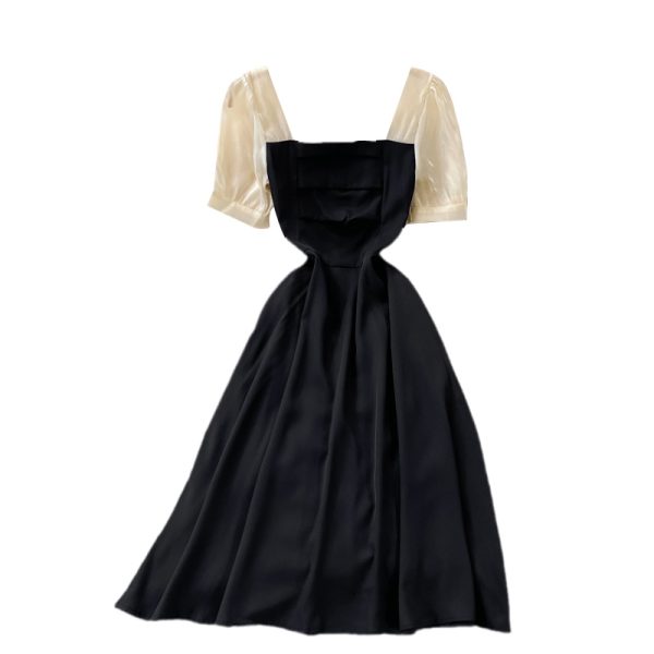 Summer New French Retro Color Matching Square Collar Dress Puff Sleeve Waist Slimming Graceful Long Expansion Skirt - Image 6