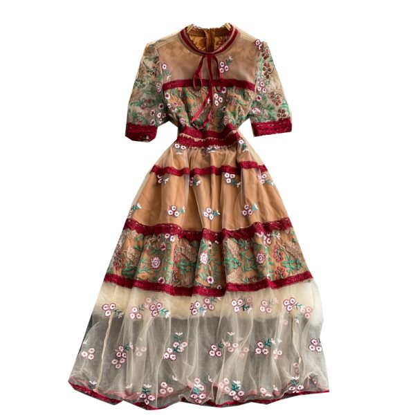 Summer New Retro High-End Temperament Stand-up Collar Tie Mesh Embroidery Stitching Lace A- line Dress - Image 7
