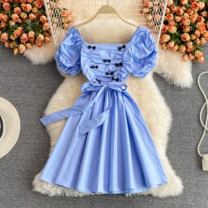 Korean Dongdaemun Summer Rhinestone Bow Square Collar Puff Sleeve Pleated Dress Mid-Length A- line Dress