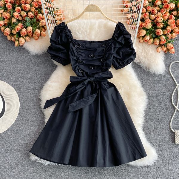 Korean Dongdaemun Summer Rhinestone Bow Square Collar Puff Sleeve Pleated Dress Mid-Length A- line Dress - Image 3