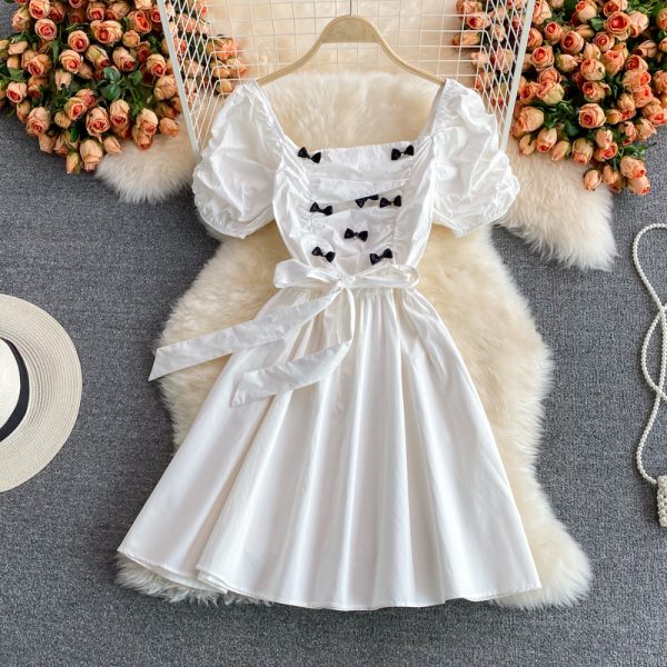 Korean Dongdaemun Summer Rhinestone Bow Square Collar Puff Sleeve Pleated Dress Mid-Length A- line Dress - Image 4