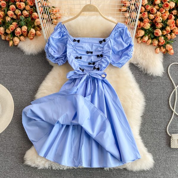 Korean Dongdaemun Summer Rhinestone Bow Square Collar Puff Sleeve Pleated Dress Mid-Length A- line Dress - Image 5