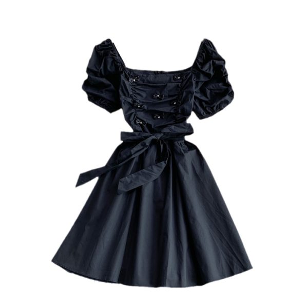 Korean Dongdaemun Summer Rhinestone Bow Square Collar Puff Sleeve Pleated Dress Mid-Length A- line Dress - Image 6