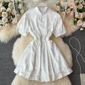 Summer New French Retro Chinese Style Girl Improved Cheongsam Hepburn Small Puff Sleeve Dress