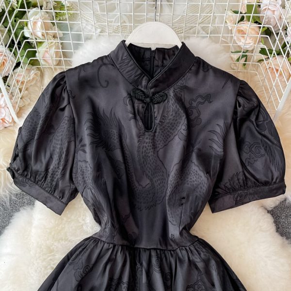 Summer New French Retro Chinese Style Girl Improved Cheongsam Hepburn Small Puff Sleeve Dress - Image 4