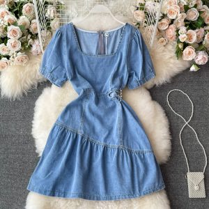 Summer Korean Style Ins Retro Hollow-out Midriff Denim Dress Women’s Tight Waist Square Collar Ruffled A- line Skirt Short Skirt