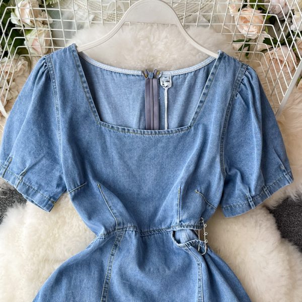 Summer Korean Style Ins Retro Hollow-out Midriff Denim Dress Women’s Tight Waist Square Collar Ruffled A- line Skirt Short Skirt - Image 3