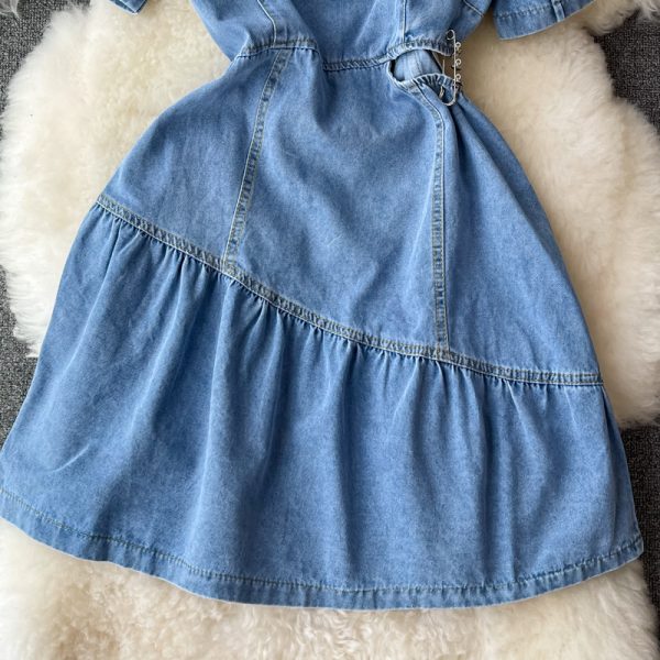 Summer Korean Style Ins Retro Hollow-out Midriff Denim Dress Women’s Tight Waist Square Collar Ruffled A- line Skirt Short Skirt - Image 4