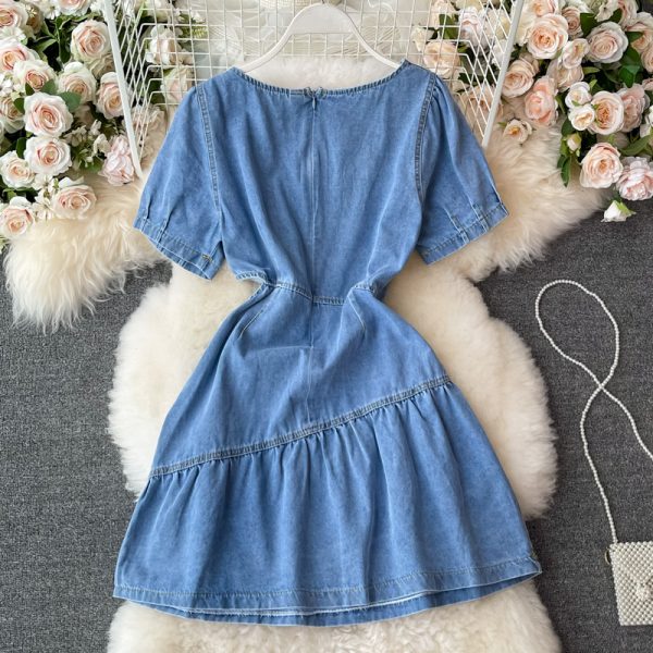 Summer Korean Style Ins Retro Hollow-out Midriff Denim Dress Women’s Tight Waist Square Collar Ruffled A- line Skirt Short Skirt - Image 5