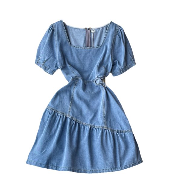 Summer Korean Style Ins Retro Hollow-out Midriff Denim Dress Women’s Tight Waist Square Collar Ruffled A- line Skirt Short Skirt - Image 6