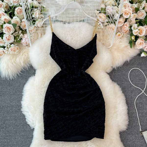 Small Sexy Low-Cut Backless Chain Strap Skinny Sheath Short Skirt Letter Printed Dress Sleeveless Summer - Image 3