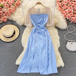French Style Slim-Fit Assorted Colors Dress Summer Women’s Mid-Length Gentle Square Collar Split Temperament Long Dress New