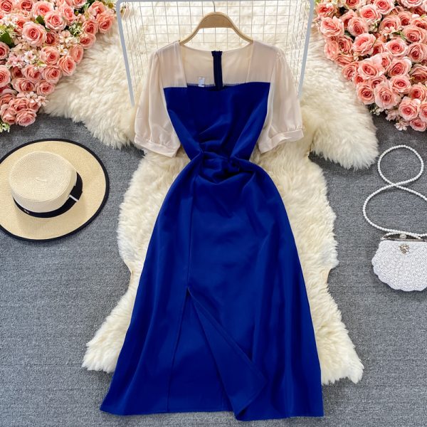 French Style Slim-Fit Assorted Colors Dress Summer Women’s Mid-Length Gentle Square Collar Split Temperament Long Dress New - Image 3