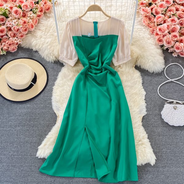 French Style Slim-Fit Assorted Colors Dress Summer Women’s Mid-Length Gentle Square Collar Split Temperament Long Dress New - Image 4