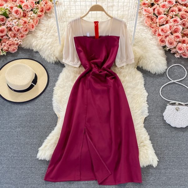 French Style Slim-Fit Assorted Colors Dress Summer Women’s Mid-Length Gentle Square Collar Split Temperament Long Dress New - Image 5