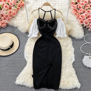 French retro elegant temperament bubble sleeve hanging neck strapless dress Slim and thin goddess Fan split long skirt