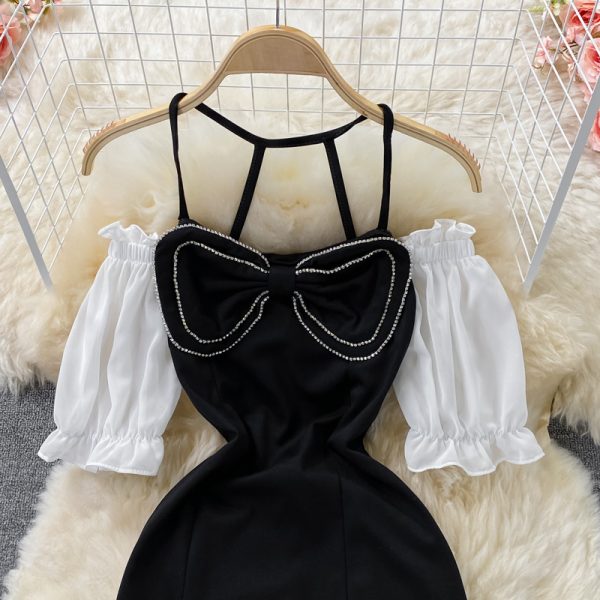 French retro elegant temperament bubble sleeve hanging neck strapless dress Slim and thin goddess Fan split long skirt - Image 3