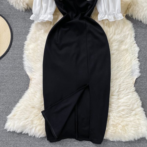 French retro elegant temperament bubble sleeve hanging neck strapless dress Slim and thin goddess Fan split long skirt - Image 4