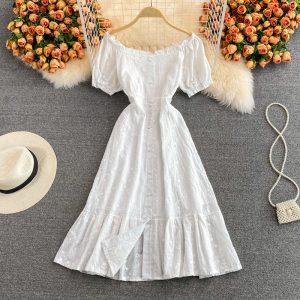 French Style Tea Dress Puff Sleeve White First Love Gentle Temperament High Waist Waist Slimming Flounce Dress Short Sleeve