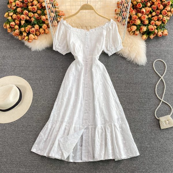 French Style Tea Dress Puff Sleeve White First Love Gentle Temperament High Waist Waist Slimming Flounce Dress Short Sleeve