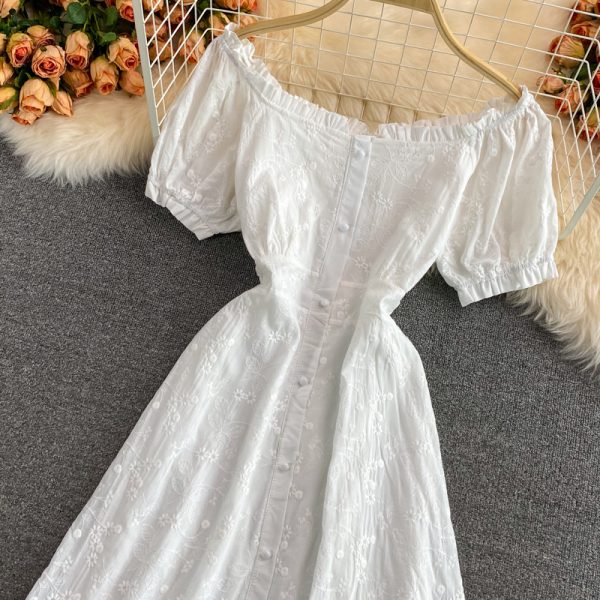 French Style Tea Dress Puff Sleeve White First Love Gentle Temperament High Waist Waist Slimming Flounce Dress Short Sleeve - Image 3