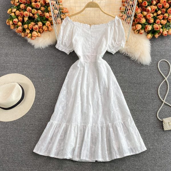 French Style Tea Dress Puff Sleeve White First Love Gentle Temperament High Waist Waist Slimming Flounce Dress Short Sleeve - Image 5