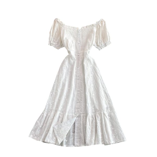 French Style Tea Dress Puff Sleeve White First Love Gentle Temperament High Waist Waist Slimming Flounce Dress Short Sleeve - Image 6