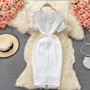 Retro Beaded V-neck Puff Sleeve White Jacquard Dress Short Sleeve Waist-Controlled Slimming Temperament Split Mid-Length Skirt