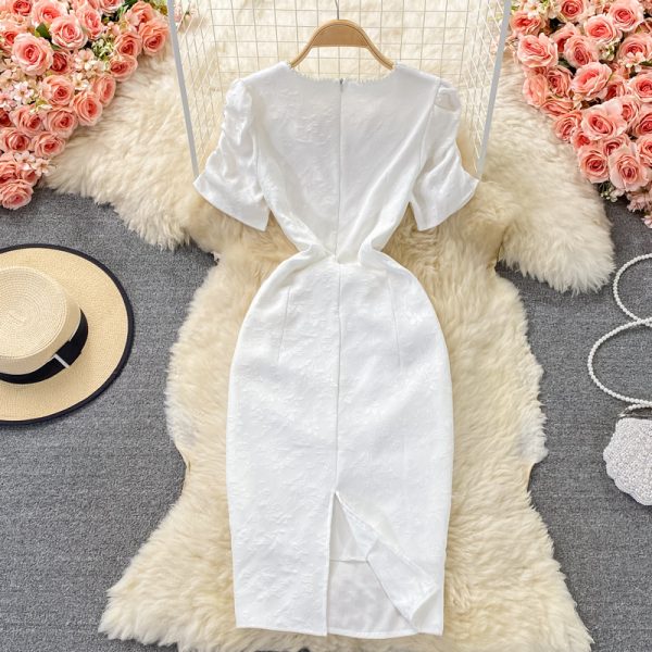 Retro Beaded V-neck Puff Sleeve White Jacquard Dress Short Sleeve Waist-Controlled Slimming Temperament Split Mid-Length Skirt - Image 5