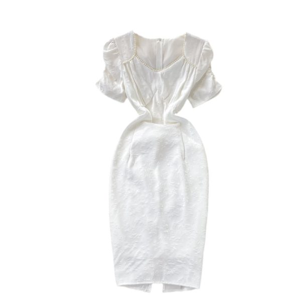 Retro Beaded V-neck Puff Sleeve White Jacquard Dress Short Sleeve Waist-Controlled Slimming Temperament Split Mid-Length Skirt - Image 6