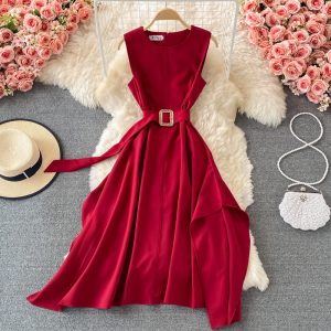 French round Neck Dress Summer New Temperament Commute Tight Waist Slimming Retro over the Knee Irregular Swing Long Dress