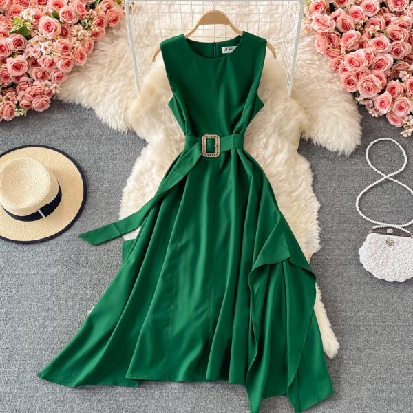 French round Neck Dress Summer New Temperament Commute Tight Waist Slimming Retro over the Knee Irregular Swing Long Dress - Image 3