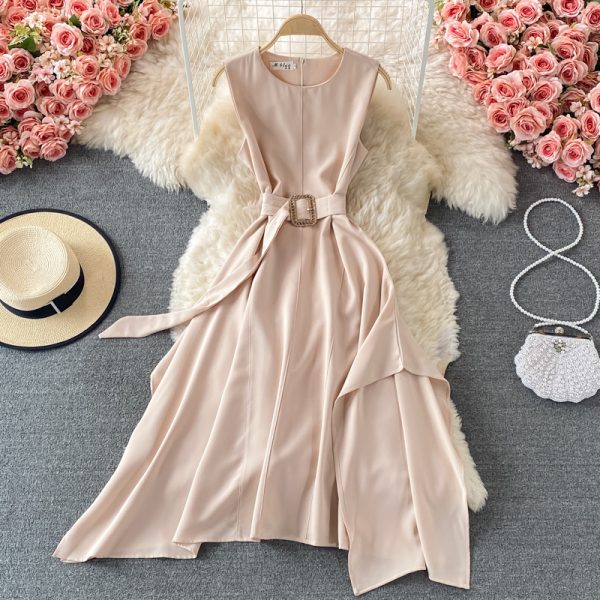French round Neck Dress Summer New Temperament Commute Tight Waist Slimming Retro over the Knee Irregular Swing Long Dress - Image 4