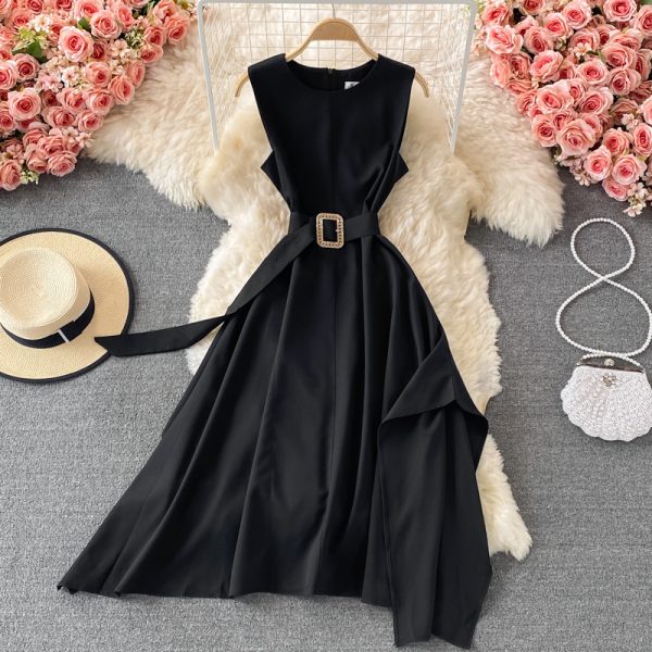 French round Neck Dress Summer New Temperament Commute Tight Waist Slimming Retro over the Knee Irregular Swing Long Dress - Image 5