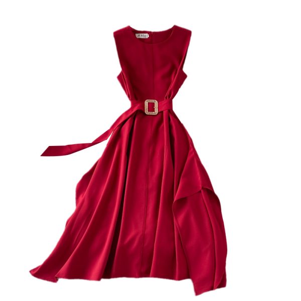 French round Neck Dress Summer New Temperament Commute Tight Waist Slimming Retro over the Knee Irregular Swing Long Dress - Image 6