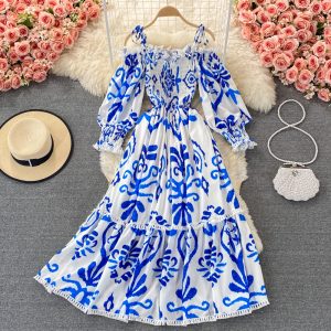 spring and autumn new lace-up collar off-shoulder celadon printed dress, long-sleeved waist, thin and large-length dress