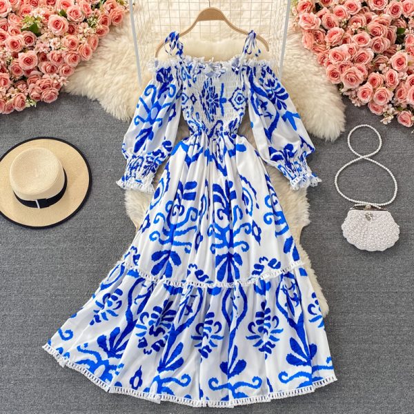 spring and autumn new lace-up collar off-shoulder celadon printed dress, long-sleeved waist, thin and large-length dress - Image 2