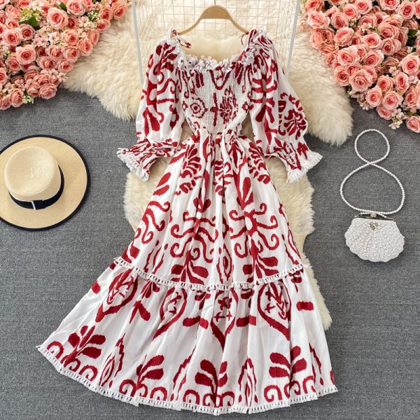 spring and autumn new lace-up collar off-shoulder celadon printed dress, long-sleeved waist, thin and large-length dress - Image 3