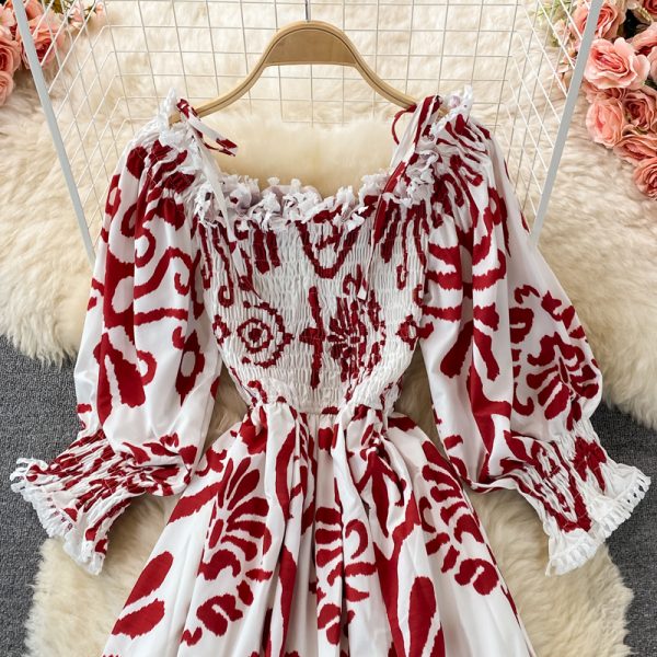 spring and autumn new lace-up collar off-shoulder celadon printed dress, long-sleeved waist, thin and large-length dress - Image 4