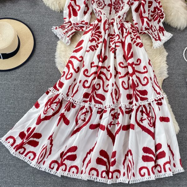 spring and autumn new lace-up collar off-shoulder celadon printed dress, long-sleeved waist, thin and large-length dress - Image 5