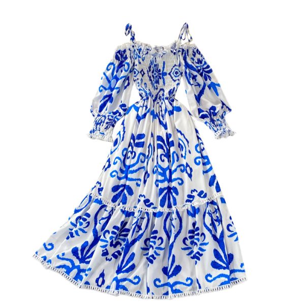 spring and autumn new lace-up collar off-shoulder celadon printed dress, long-sleeved waist, thin and large-length dress - Image 6