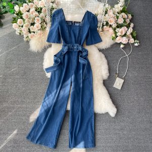 Fashion square neck high waist thin puff sleeve wide-leg pants summer new Korean version of the wild denim jumpsuit trend