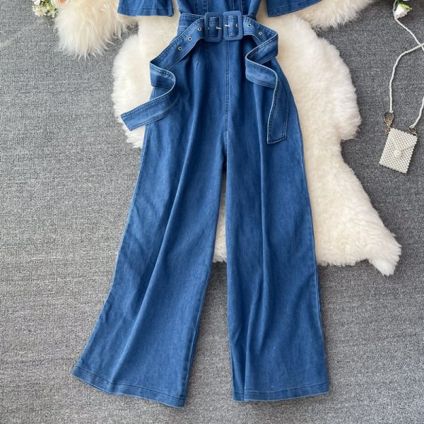 Fashion square neck high waist thin puff sleeve wide-leg pants summer new Korean version of the wild denim jumpsuit trend - Image 4