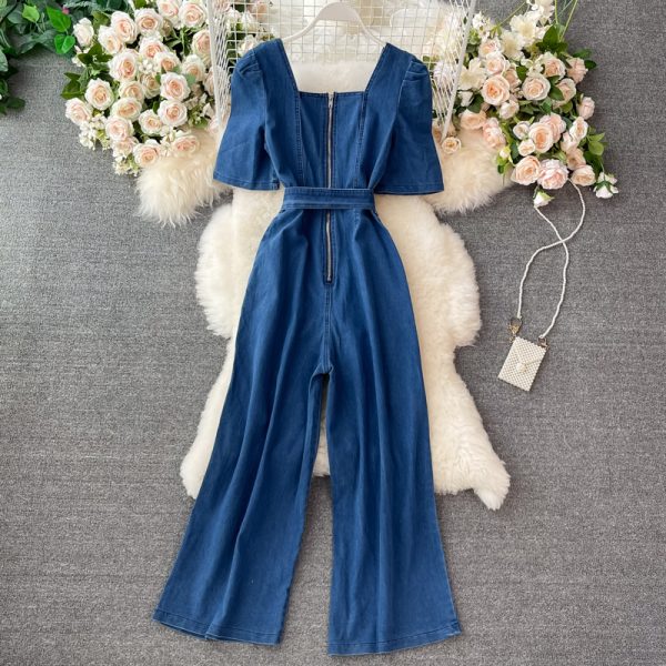 Fashion square neck high waist thin puff sleeve wide-leg pants summer new Korean version of the wild denim jumpsuit trend - Image 5