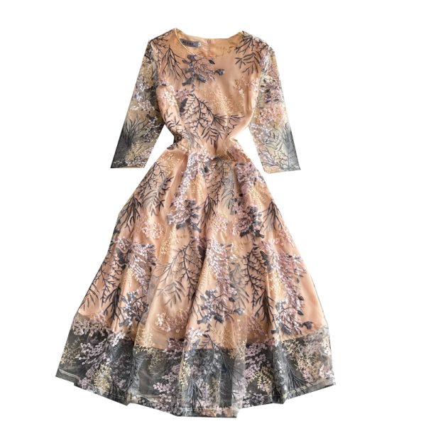 Summer High-End Retro Crew Neck Embroidered Waist Slimming Lace Dress Elegant Graceful Swing Long Dress - Image 7