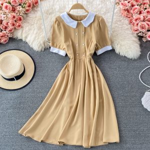 Korean Chic Summer Retro French Art Younger Contrast-Color Doll Collar Loose Slimming Puff Sleeve Dress for Women