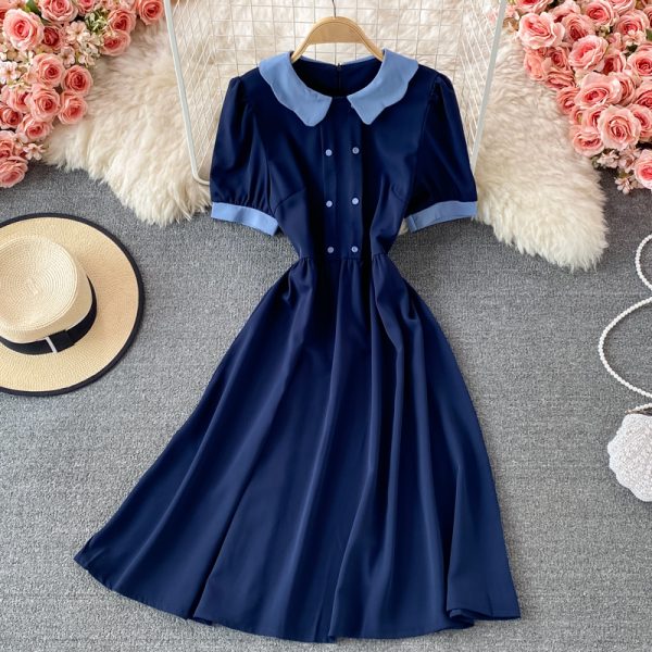 Korean Chic Summer Retro French Art Younger Contrast-Color Doll Collar Loose Slimming Puff Sleeve Dress for Women - Image 3