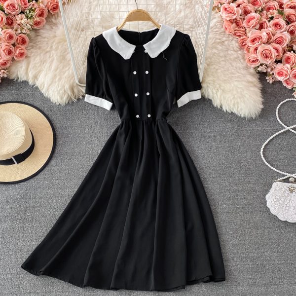 Korean Chic Summer Retro French Art Younger Contrast-Color Doll Collar Loose Slimming Puff Sleeve Dress for Women - Image 4